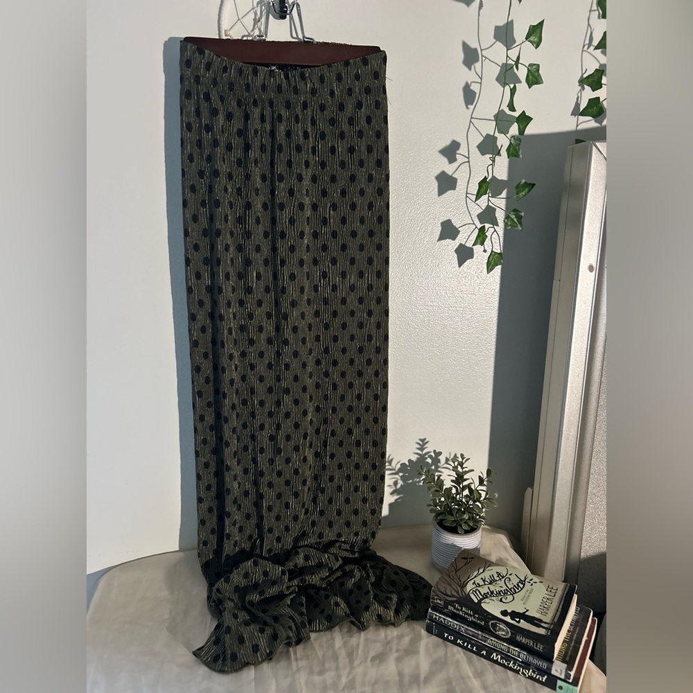 Olive Green Black Polka Dot Flowy
Maxi Skirt